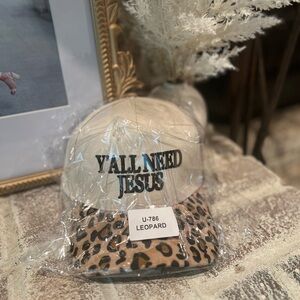 Y'ALL NEED JESUS Leopard Brim Baseball Cap - Cream